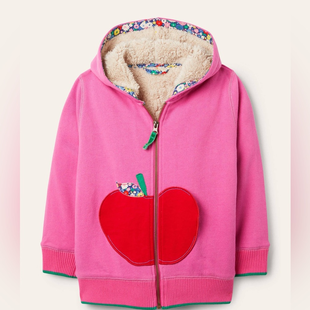 Mini Boden Pink Apple Appliqué Cozy Sherpa Hoodie
